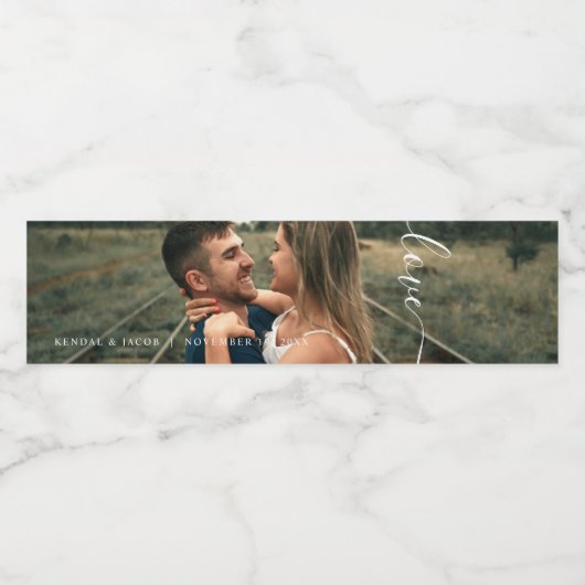 Script Love Wedding Photo Waterfles Etiket (Enkel label)
