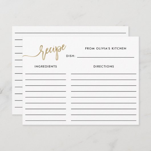 Script manuscrit Faux Gold | Carte de recette (Devant / Derrière)