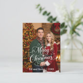 Script Merry Christmas Couples Photo Front Feestdagenkaart (Staand voorkant)