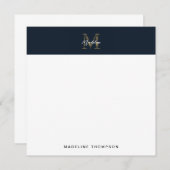 Script Metallic Navy Blue Gold Monogram Square Notitiekaartje (Voorkant / Achterkant)