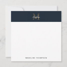 Script Metallic Navy Blue Gold Monogram Square Notitiekaartje