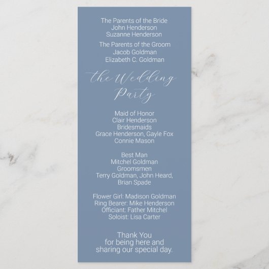 Script minimaliste Dusty Blue Wedding Programme (Dos)