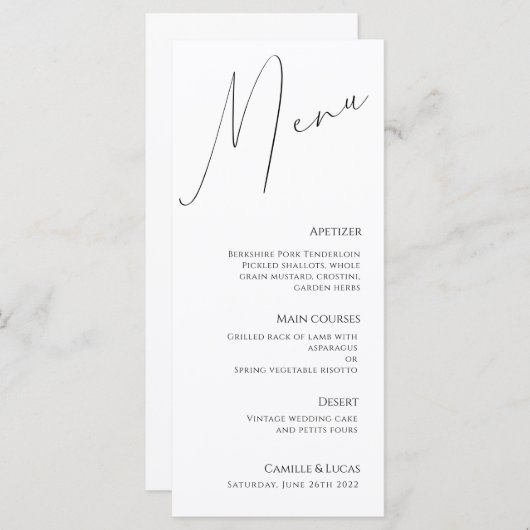 Script minimaliste Menu Mariage moderne (Devant / Derrière)