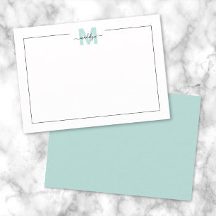 Script Minimalistisch Teal Blau Monogram Notitiekaartje