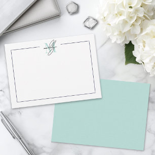 Script Minimalistische Teal Blauwe Naam Monogram Notitiekaartje