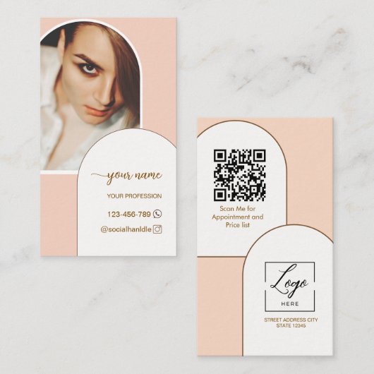 Script Modern boog roze foto qr code logo Visitekaartje (Voorkant / Achterkant)