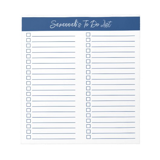 Script Modern Navy Blue Two Column Checklist Notitieblok (Voorkant)