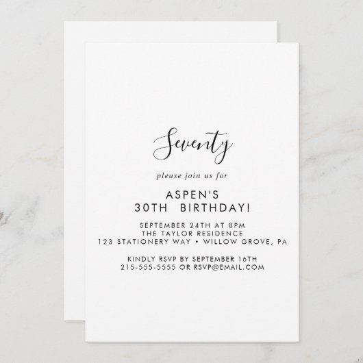 Script moderne 70e anniversaire de fête Invitation (Devant / Derrière)