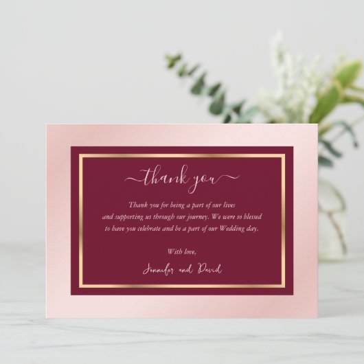 Script moderne Burgundy Blush Gold Carte de remerc (Debout devant)