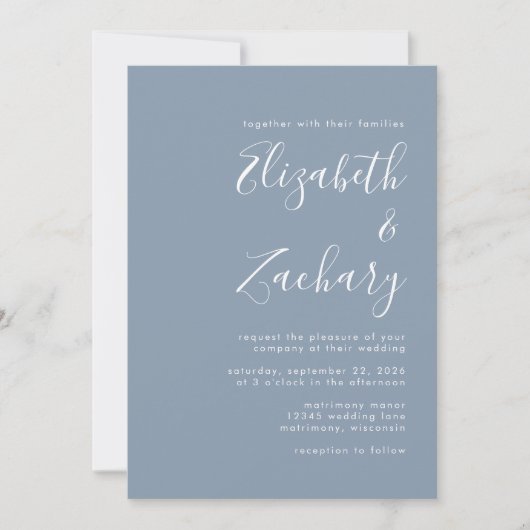 Script moderne Dusty Blue Faire-part de mariage (Devant)