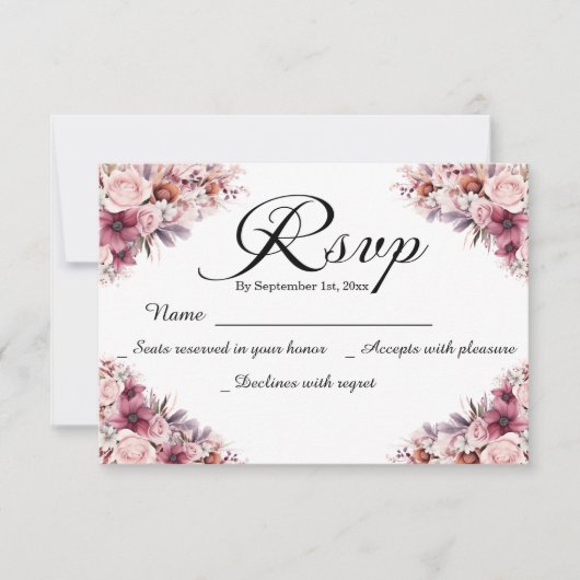Script moderne Dusty rose Floral Mariage carte RSV (Devant)