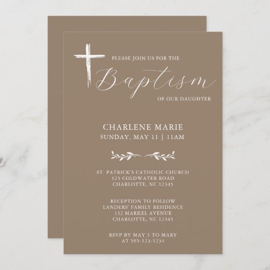 Script moderne élégant Beige Baptême Invitation (Devant / Derrière)