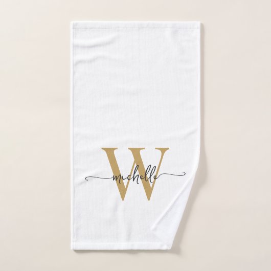 Script moderne élégant Blanc Or Monogramme Nom (Serviette à main)