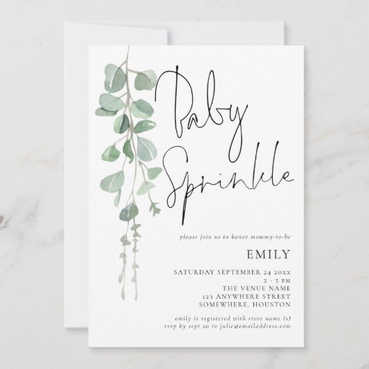 Script moderne Eucalyptus Baby Sprinkle Invitation (Devant)