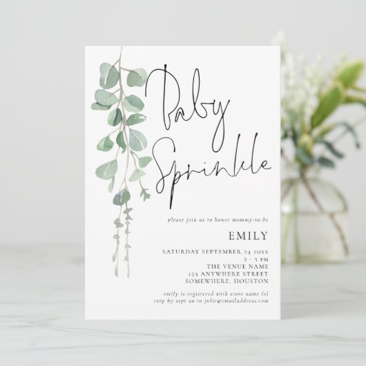 Script moderne Eucalyptus Baby Sprinkle Invitation (Debout devant)