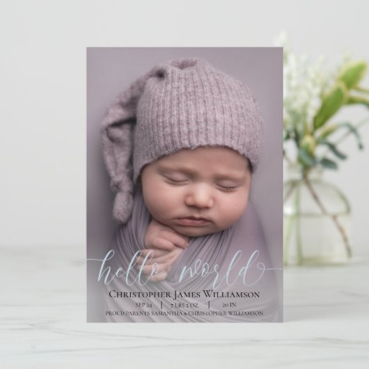 Script moderne Faire-part bébé garçon (Debout devant)