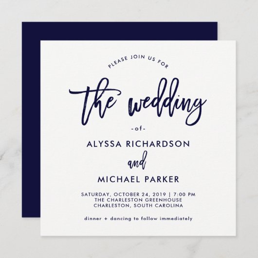 Script moderne | Faire-part de mariage bleu marine (Devant / Derrière)