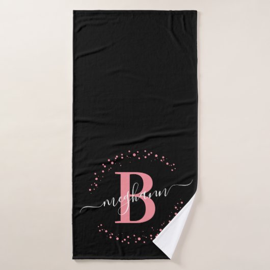 Script moderne Girly rose noir Nom Monogramme (Serviette de bain)