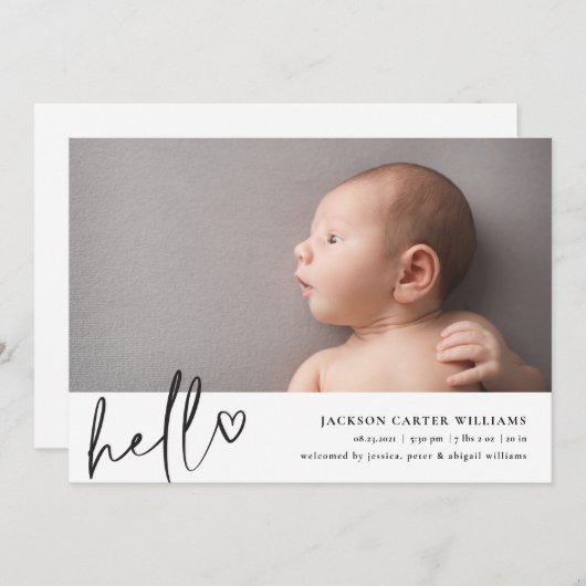 Script moderne Hello Faire-part de naissance photo (Devant / Derrière)
