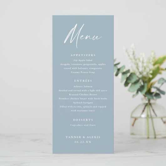 Script moderne Menu Mariage bleu Dusty (Debout devant)