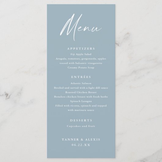 Script moderne Menu Mariage bleu Dusty (Devant)