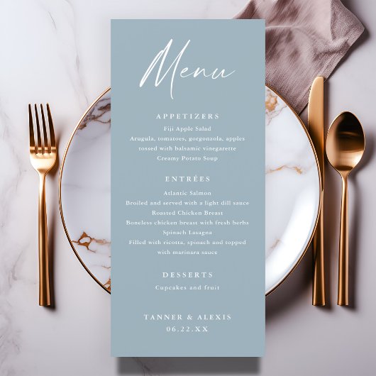 Script moderne Menu Mariage bleu Dusty