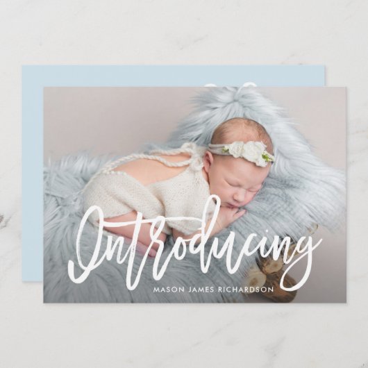 Script moderne Photo bébé garçon Faire-part de nai (Devant / Derrière)