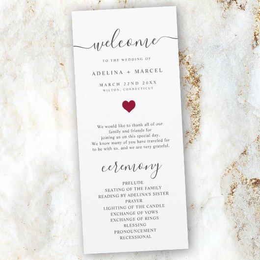 Script moderne Red Heart Welcome Wedding Programme