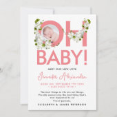 Script moderne rose Floral Nouveau bébé Faire-part (Devant)