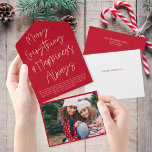 Script moderne Rouge Noël Carte photo de vacances<br><div class="desc">Ce design carte photo de vacances amusant dispose d'un arrière - plan blanc et rouge classique avec un script de calligraphie moderne et une photo horizontale. Le message d'accueil dit "Joyeux Tout & Bonheur Toujours". À l'extérieur de la carte se trouve votre adresse de retour et un autre message d'accueil...</div>