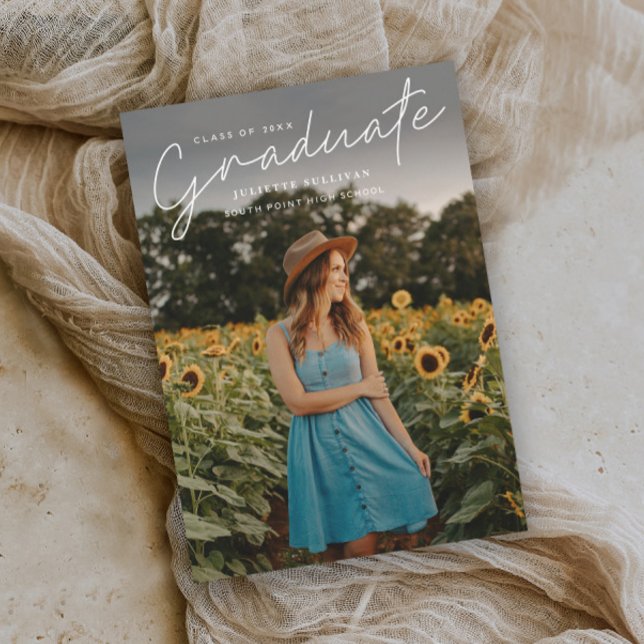 Script moderne Simple Photo Graduation Invitations (Modern handwritten script 3 photo graduation invitations.)