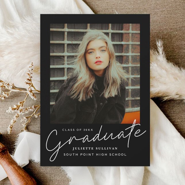 Script moderne Simple Photo Graduation Invitations (Elegant modern script graduate 3 photo graduation invitation announcements.)