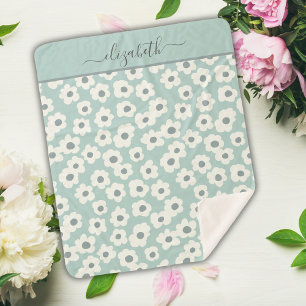Script Monogram Boho Groen Wit Grijs Bloemmotief Sherpa Deken
