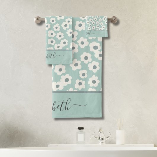 Script Monogram Boho Sage Groen Wit Grijs Bloem Bad Handdoek