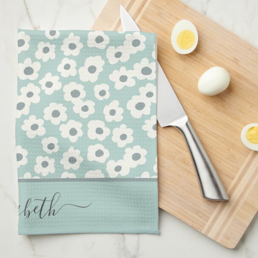 Script Monogram Boho Sage Groen Wit Grijs Bloem Theedoek (Quarter Fold)