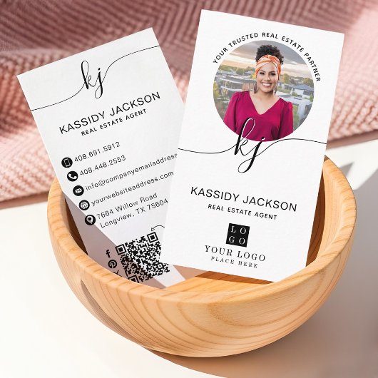 Script Monogram Cirkel Zakelijk Foto Logo QR Code Visitekaartje