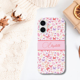 Script Monogram Roze Paars Gele Vlinders iPhone 16 Hoesje