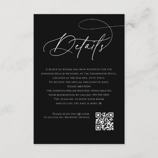 Script Monogram Wedding Details Black QR Code Informatiekaartje (Voorkant)