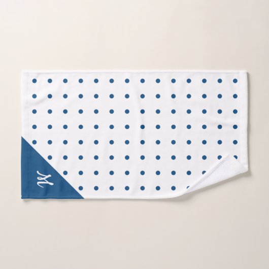 Script Monogramme bleu sur blanc Polka Motif point (Serviette à main)