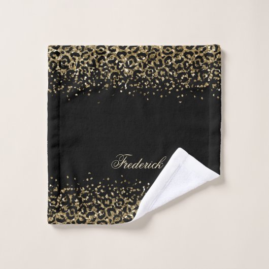 Script Monogramme Imprimé Léopard Noir Paillettes (Gant de toilette)