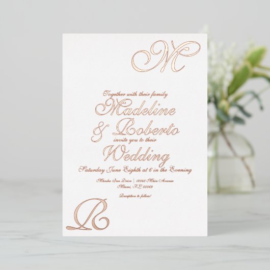 Script Monogramme Mariage Foil Pressé Invitation (Debout devant)