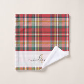 Script Monogramme Plaid Rustique Nom rouge (Gant de toilette)