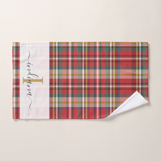 Script Monogramme Plaid Rustique Nom rouge (Serviette à main)
