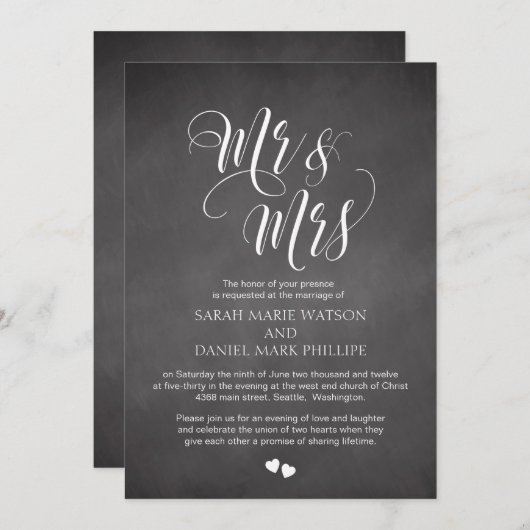 Script Mr & Mrs Wedding Inviter Carte Chalkboard (Devant / Derrière)