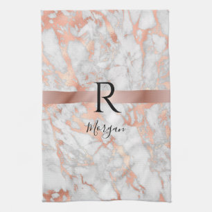 Script Naam/Blk Monogram, Wit & Roze Goud Marmer Theedoek