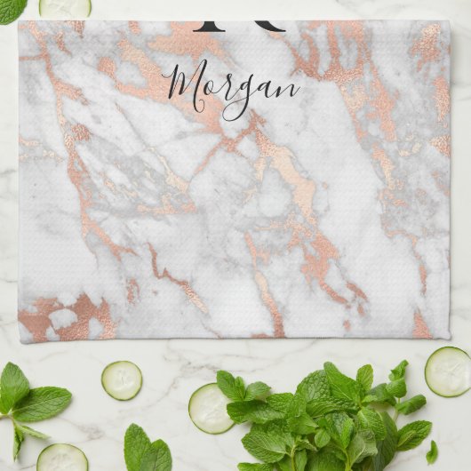 Script Name/Blk Monogram, White & Roos Gold Marble Theedoek (Gevouwen)