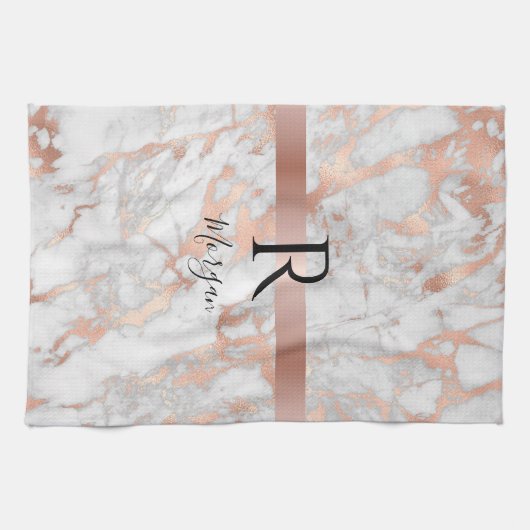 Script Name/Blk Monogram, White & Roos Gold Marble Theedoek (Horizontaal)