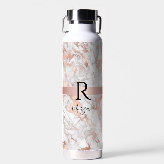 Script Name/Blk Monogram, White & Roos Gold Marble Waterfles (Voorkant)
