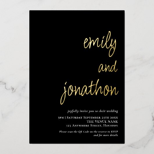 Script Namen QR-code Trouwen Zwart Luxe Folie Uitnodiging (Voorkant)