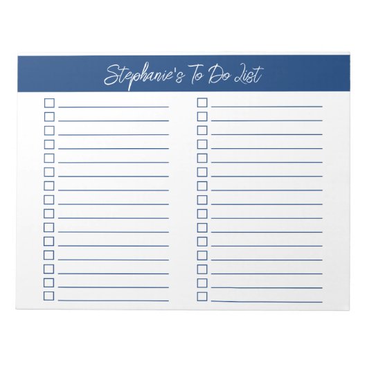 Script Navy Blue 8.5x11 Two Column Checklist Notitieblok (Voorkant)